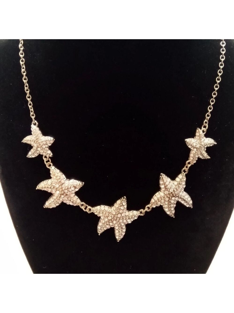 Traci Lynn"Sea Stars"Rhinestone Studded StarFish GoldTone Statement Necklace - Picture 2 of 9